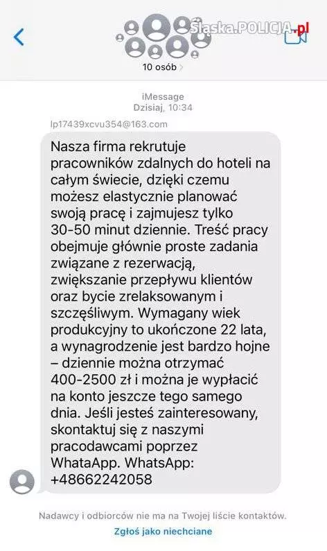 Policjanci ostrzegają przed nowym oszustem - oferta pracy na "Bookingu" / fot. Śląska Policja